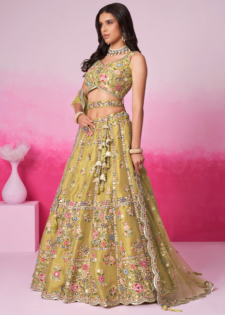 Mustard Green Net Lehenga Choli Adorned with Moti & Sequins Embroidery Work