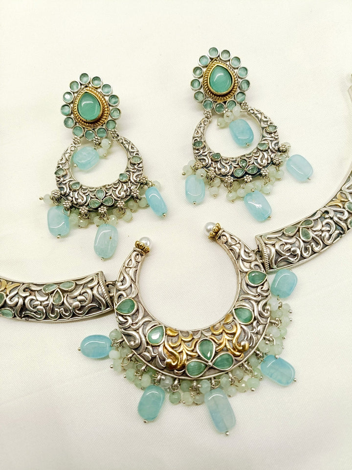 Anjalika Mint Green Oxidized Necklace Set