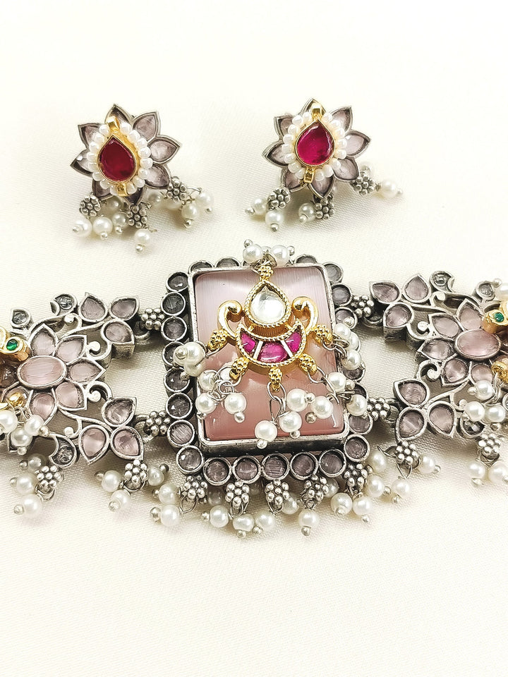 Avayah Baby Pink Oxidized Choker Set