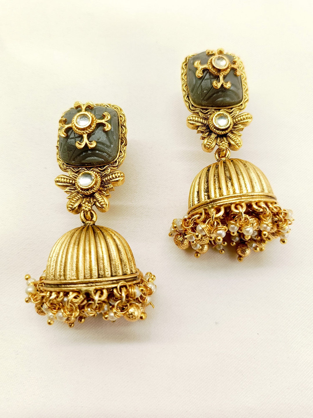 Meera Grey Stone Gold Plated Antique Jhumki