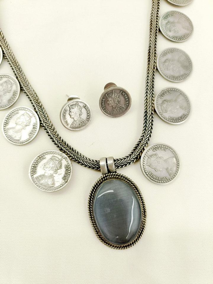 Erum Grey German Silver Oxidized Necklace Set