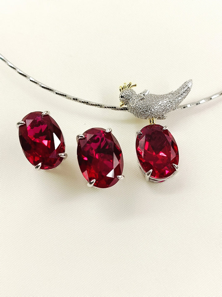 Khursheed Ruby American Diamond Pendant Set With Hasli