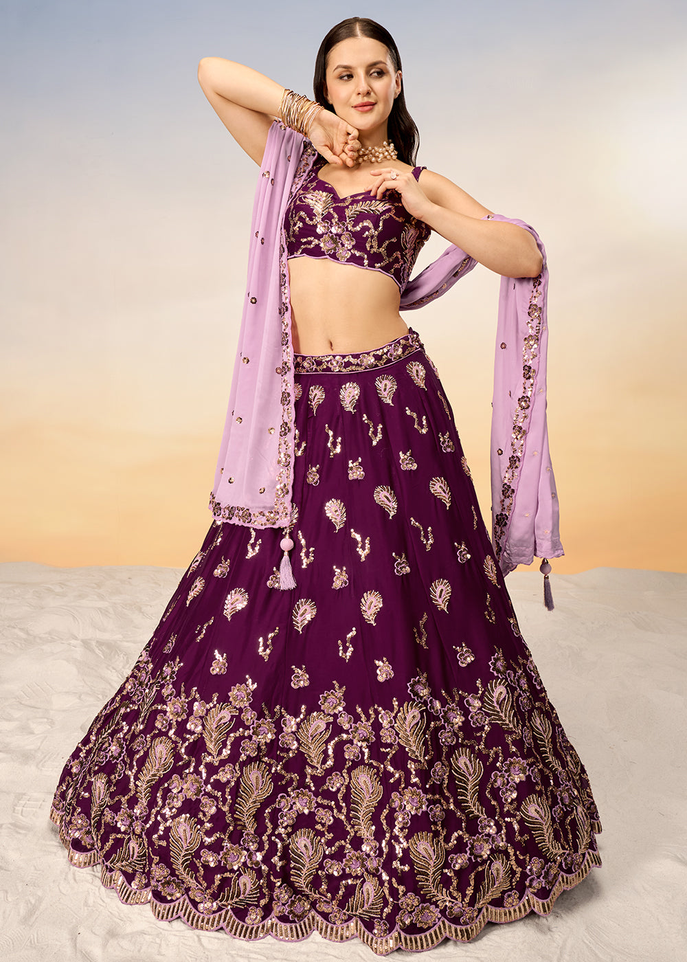 Eggplant Purple Georgette Lehenga Choli Adorned with Sequins Embroidery