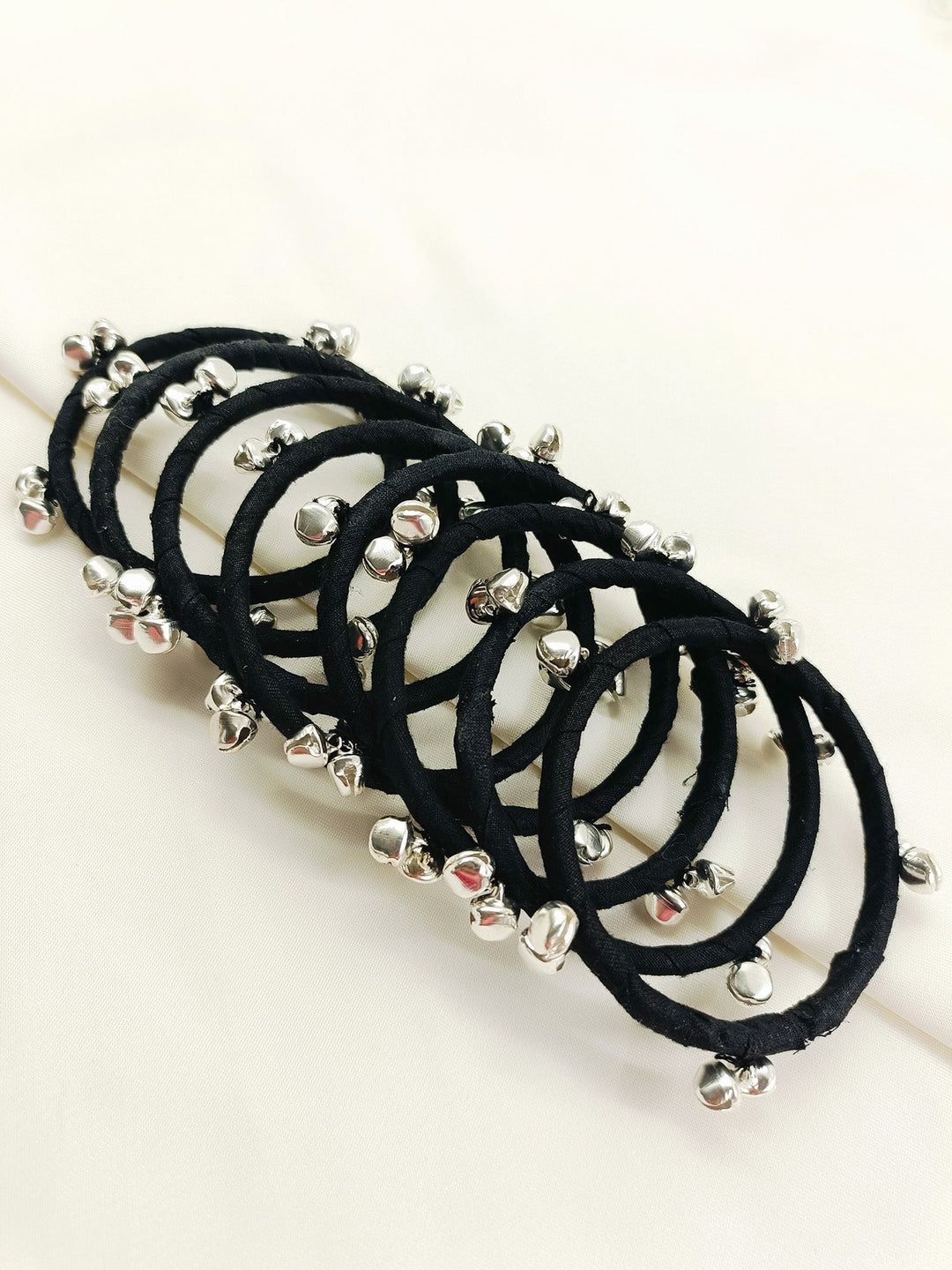 Zinal Black Cloth Bangles with Ghungroo | Handmade Fabric Churi Set of 8