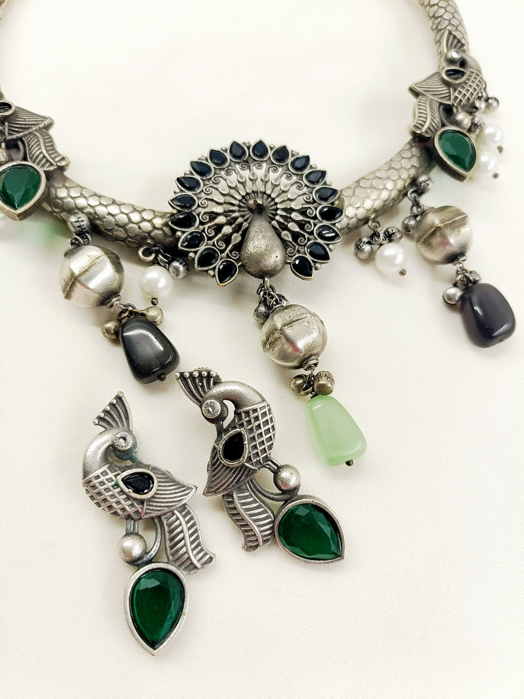 Jaanki Black Peacock Oxidized Hasli Style Necklace Set