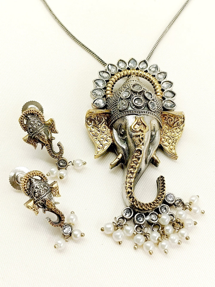 Gavya White Ganesh Ji Oxidized Pendant Set