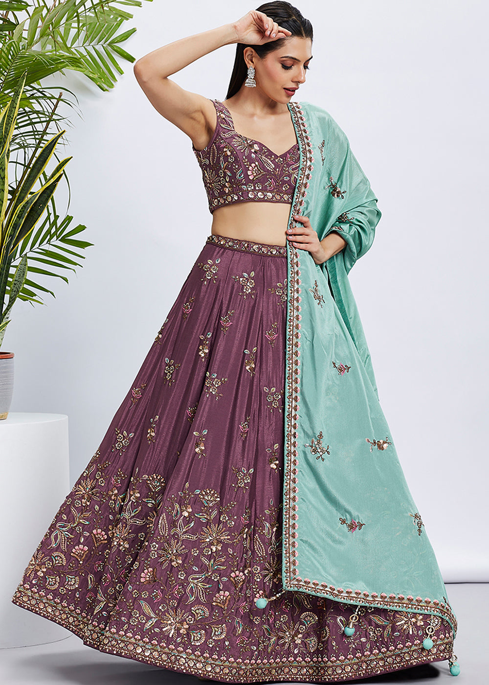 Damson Purple Chiffon Lehenga Choli Adorned with Sequins & Thread Embroidery