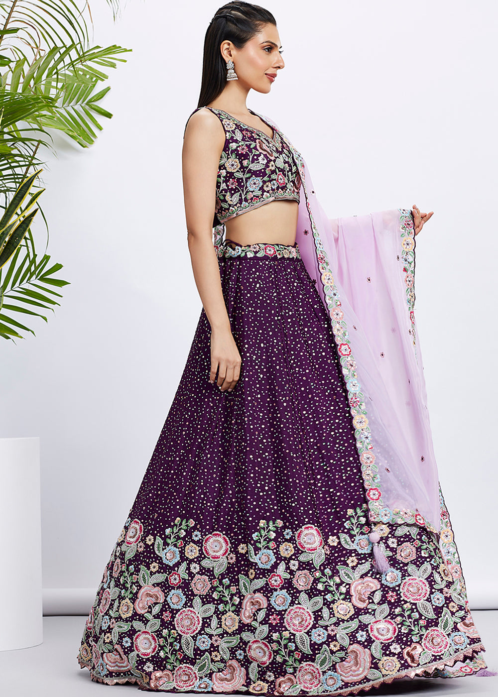 Byzantine Purple Chiffon Lehenga Choli Adorned with Sequins & Thread Embroidery