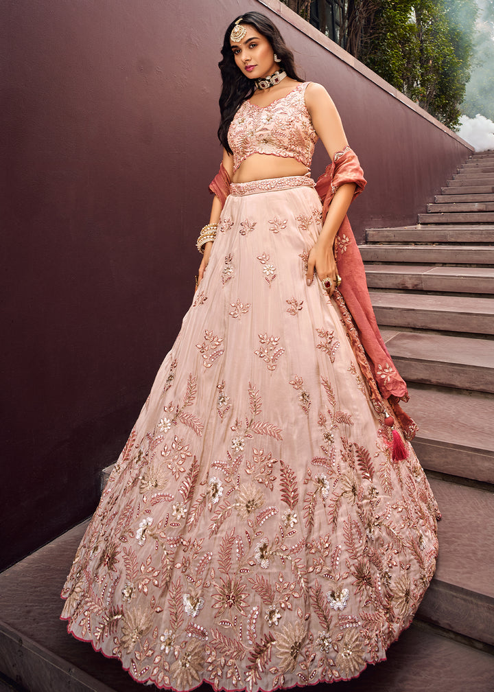 Rose Gold Pink Viscose Rayon Lehenga Choli Adorned with Sequins Embroidery Work