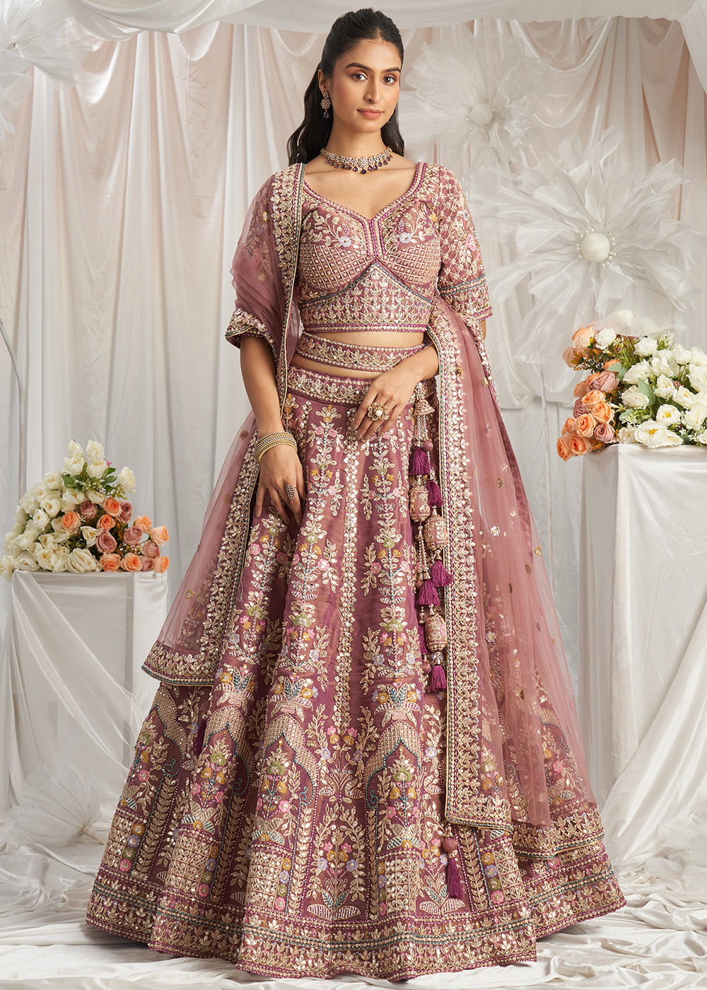 Shades Of Purple TissueLehenga Choli Adorned with Pearl and Gotapatti Embroidery: The Bride's Edit