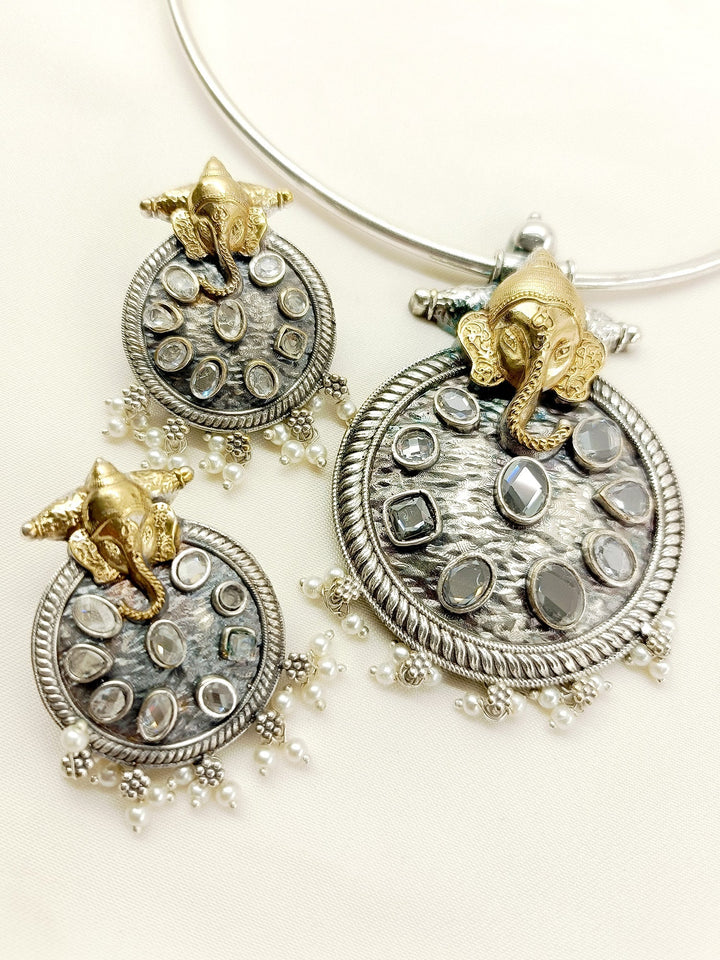 Vasanti White Ganesh Ji Oxidized Hasli Style Necklace Set