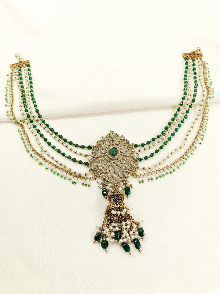 Chanchal Green Hair Brooch - Antique Gold Plating Wedding
