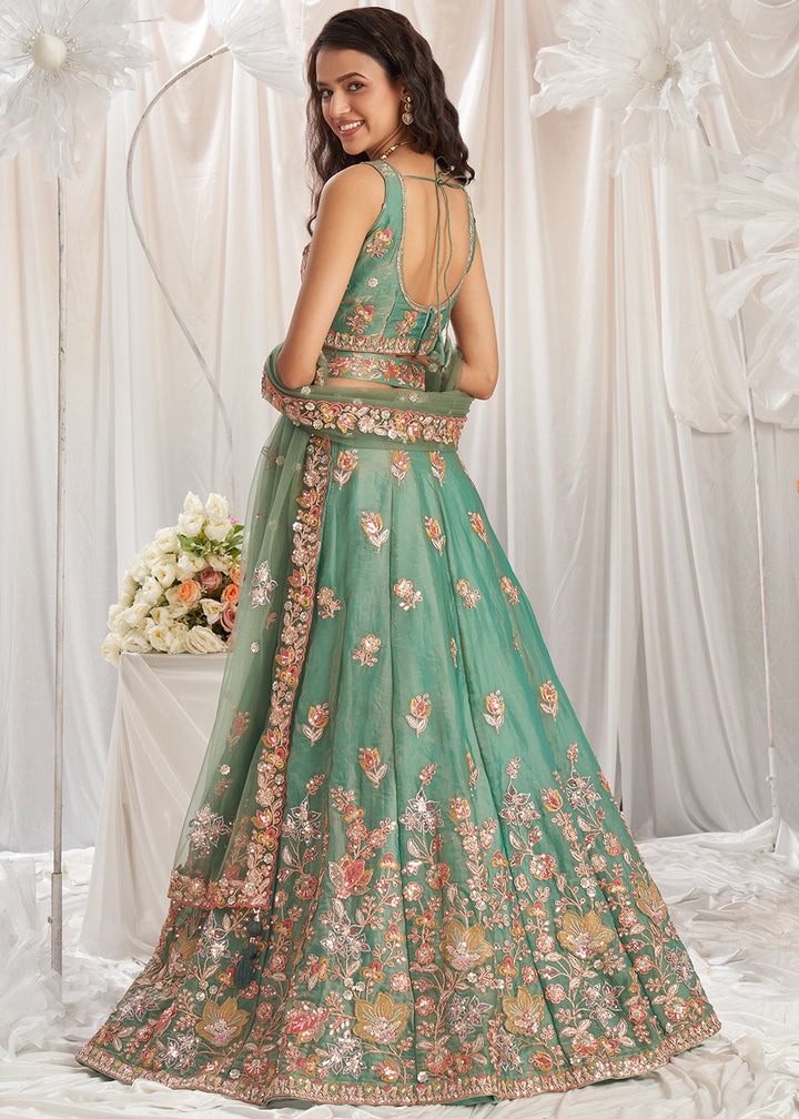 Apple Green organza Lehenga Choli Adorned with Sequins Embroidery Work