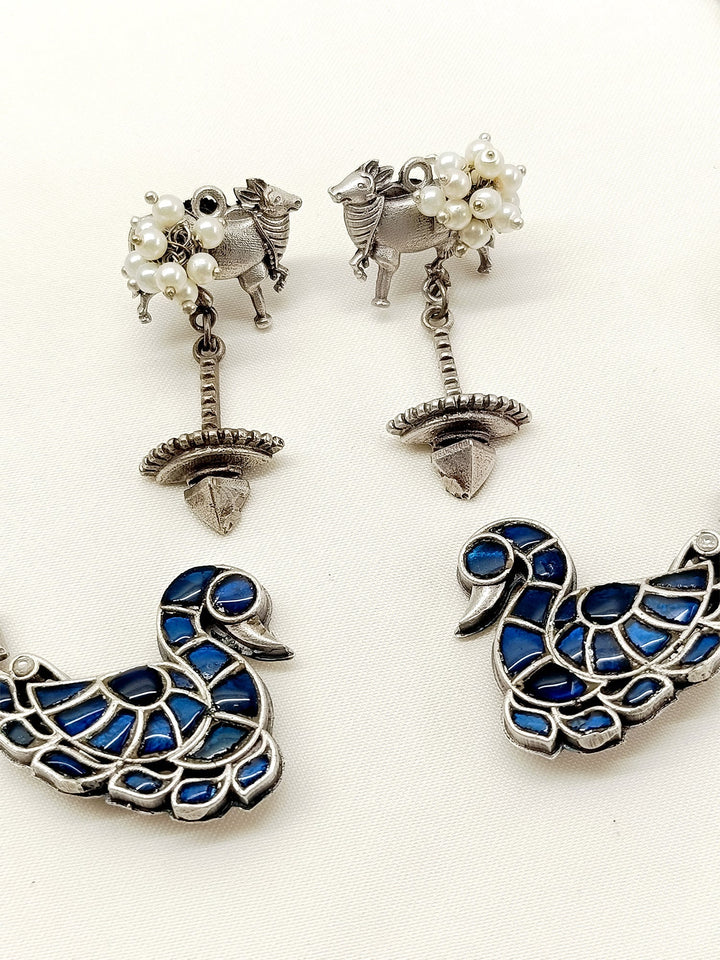 Shumaila Blue Peacock Oxidized Hasli Style Necklace Set