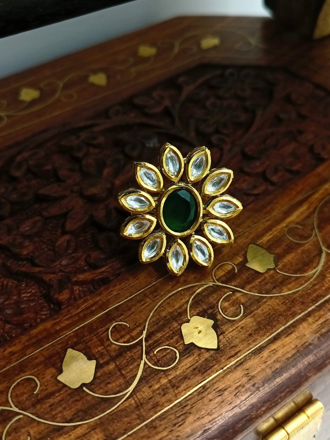 Jaspinder Green Kundan Finger Ring