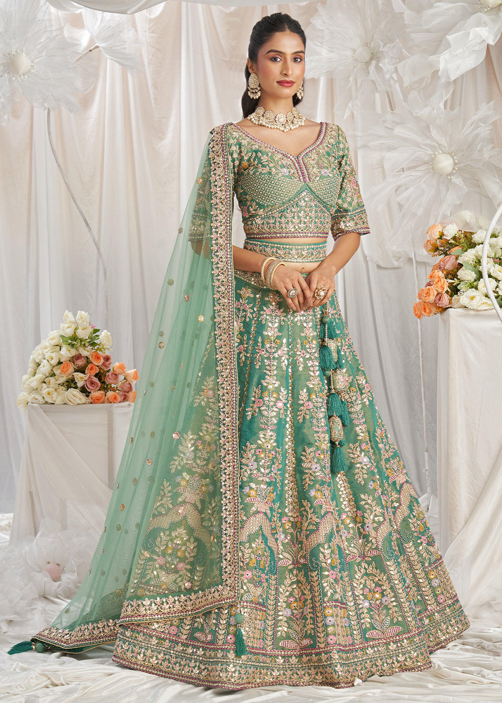 Sea Green Tissue Lehenga Choli  Adorned with Pearl and Gotapatti Embroidery: The Bride's Edit