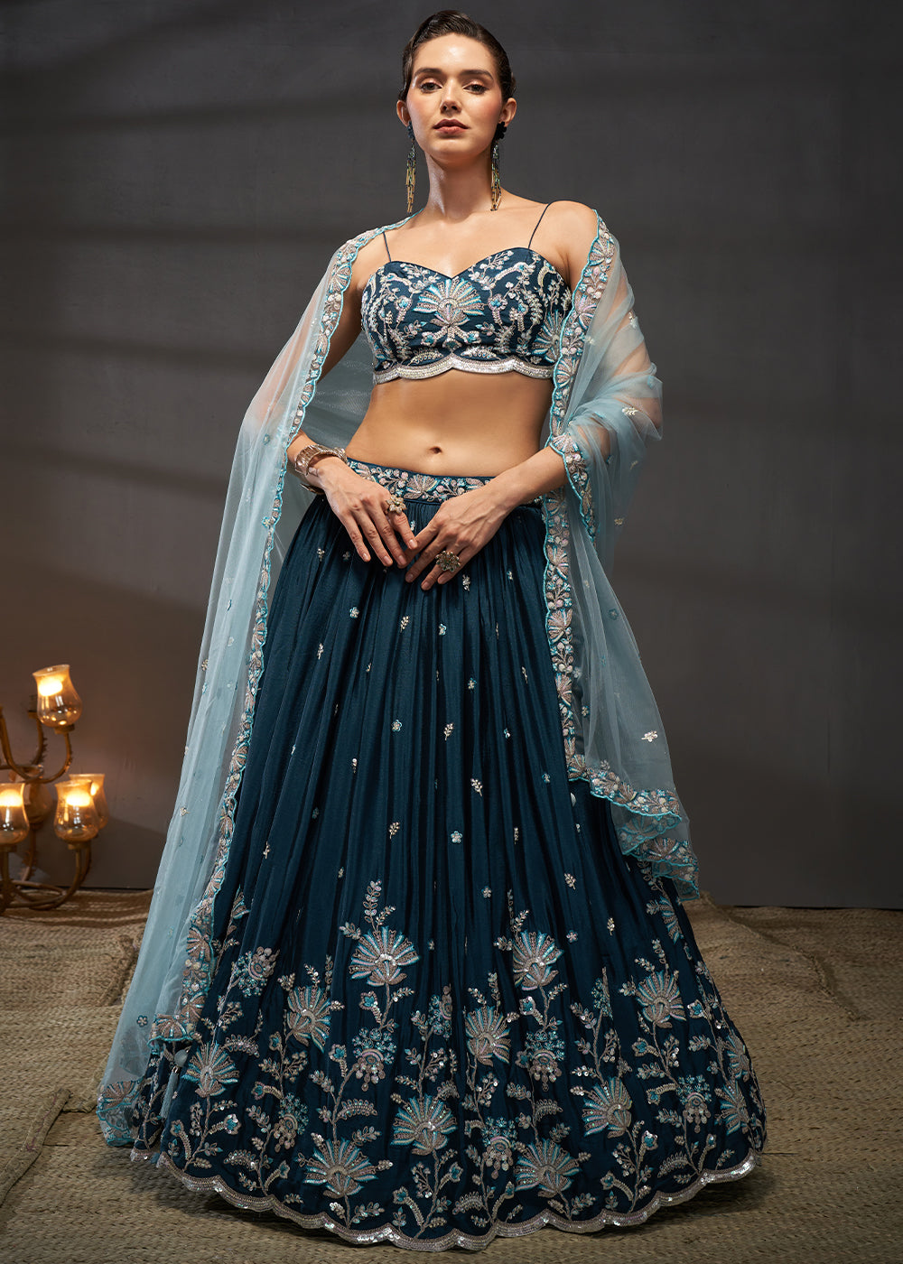 Prussian Blue Chiffon Lehenga Choli Adorned with Sequins Embroidery