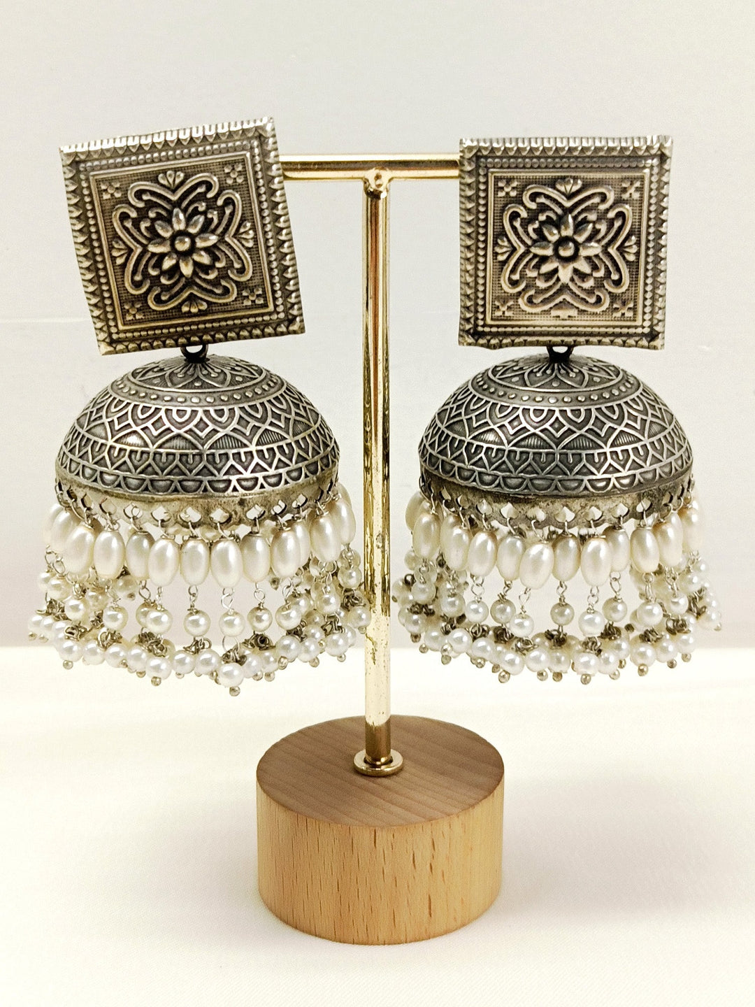 Maliyah White Pearl Oxidized Jhumki - Dangler Earrings