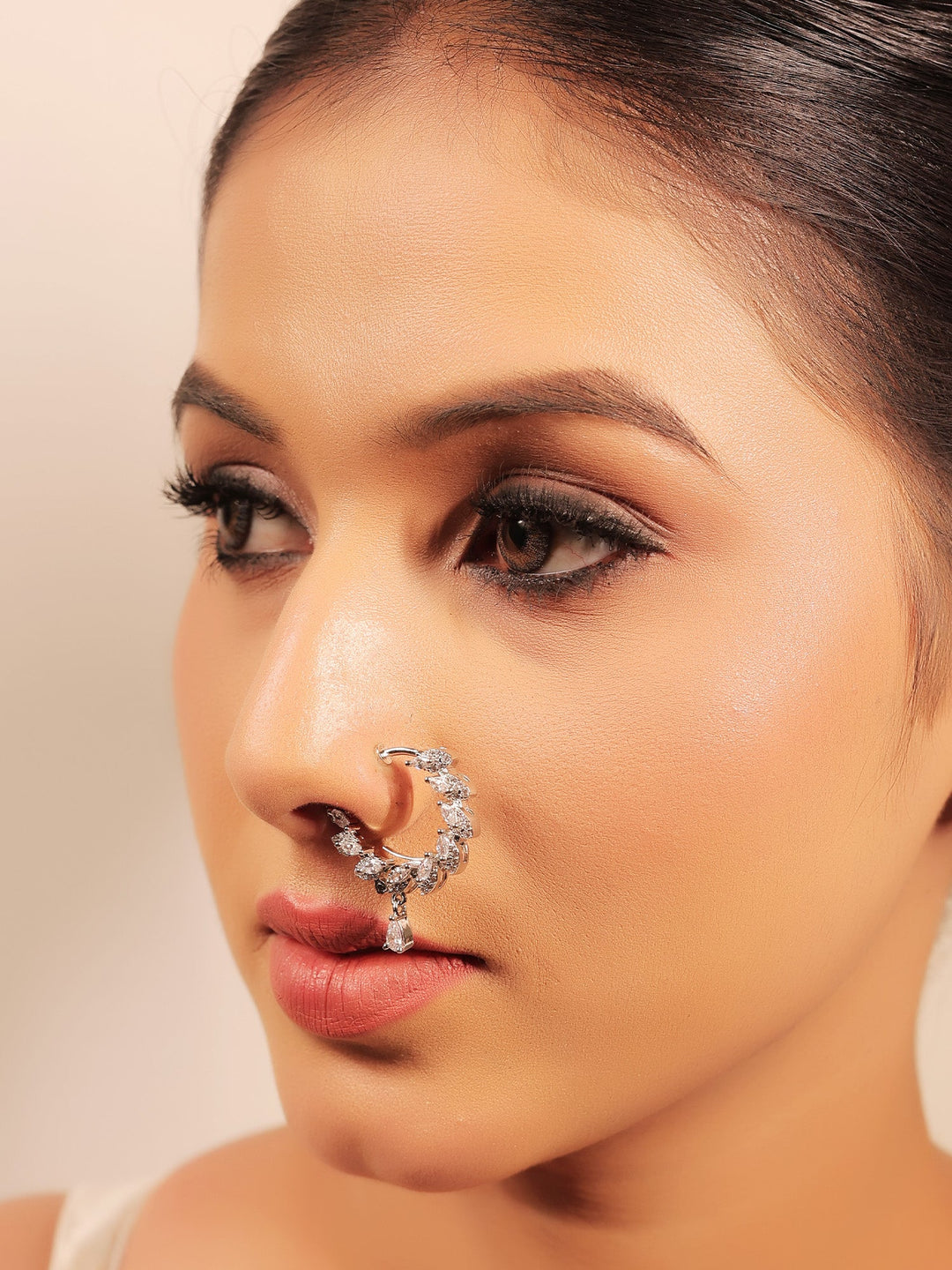 Kishvya White American Diamond Nath