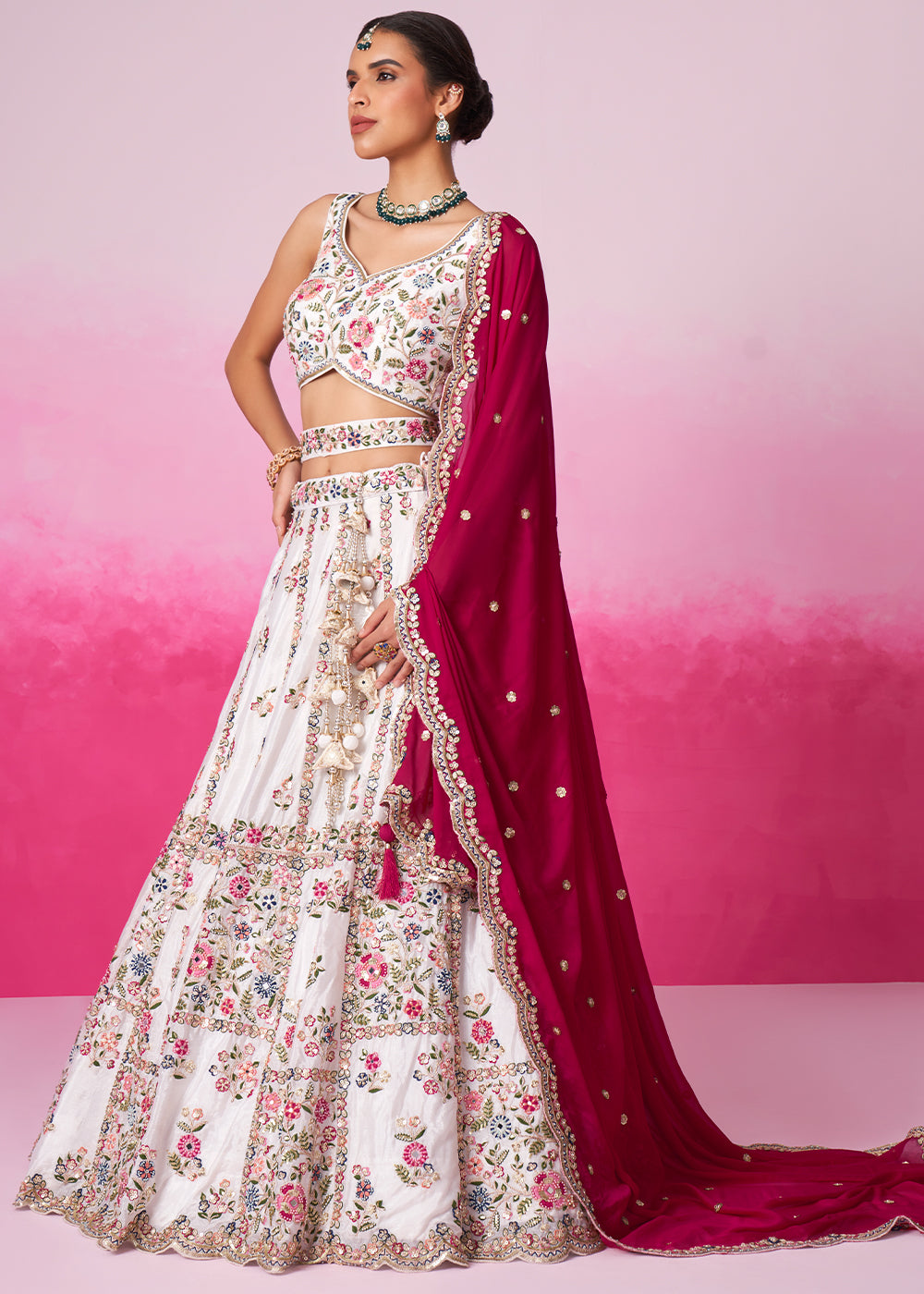 Pearl White Georgette Lehenga Choli Adorned with Moti & Sequins Embroidery Work