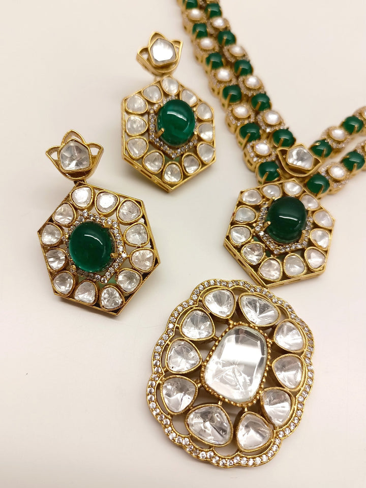 Ahti Emerald Long Kundan Polki Set