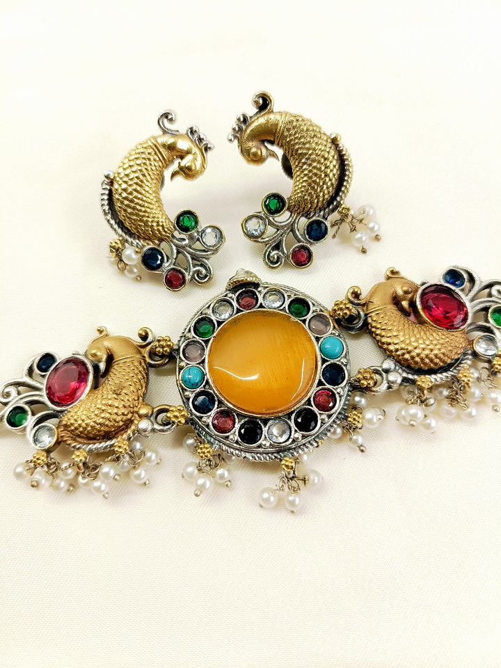 Jigna Yellow Oxidized Dual-Tone Peacock Navratna Choker Set
