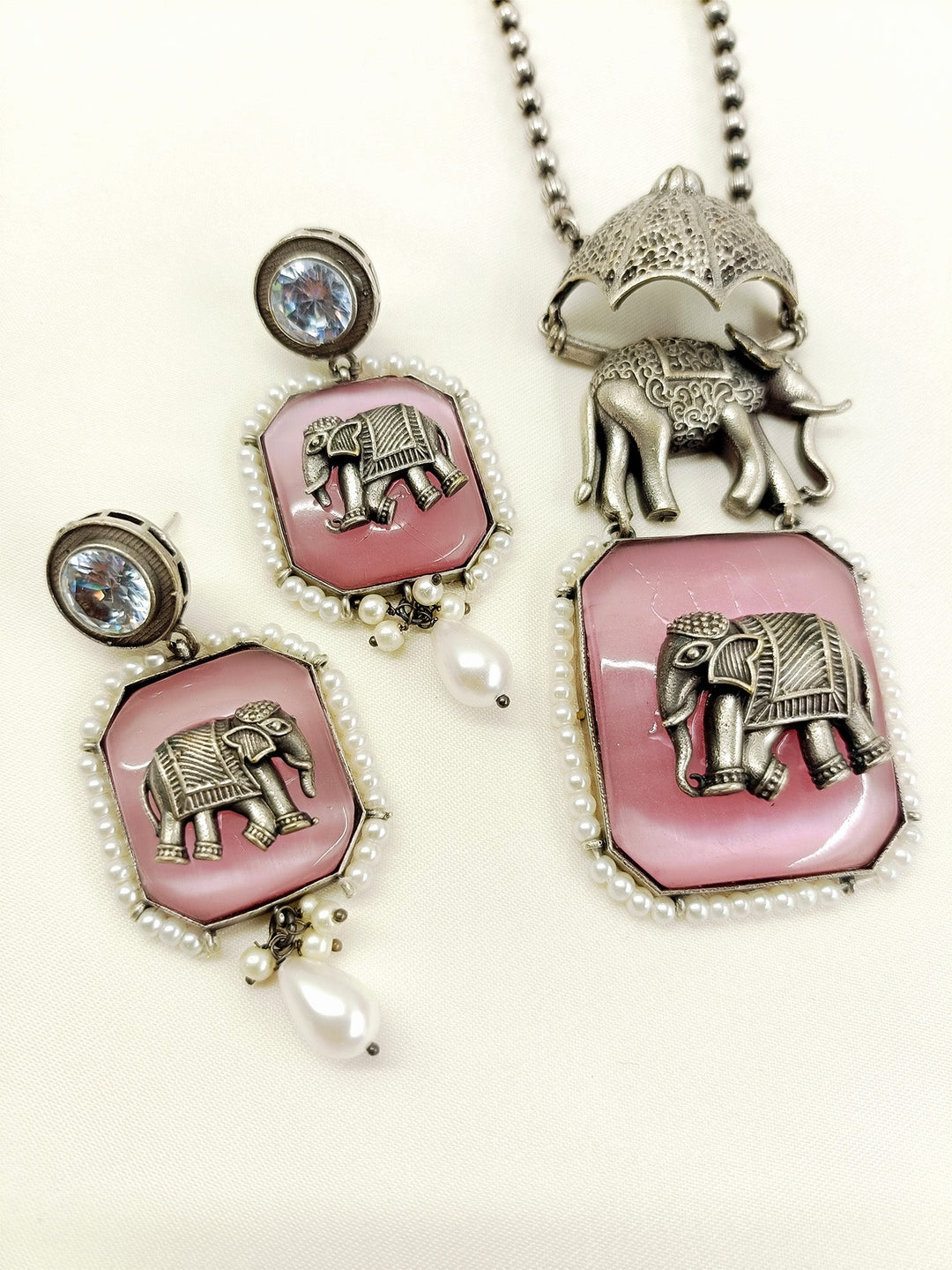 Pallavi Pink Oxidized Elephant Pendant Set