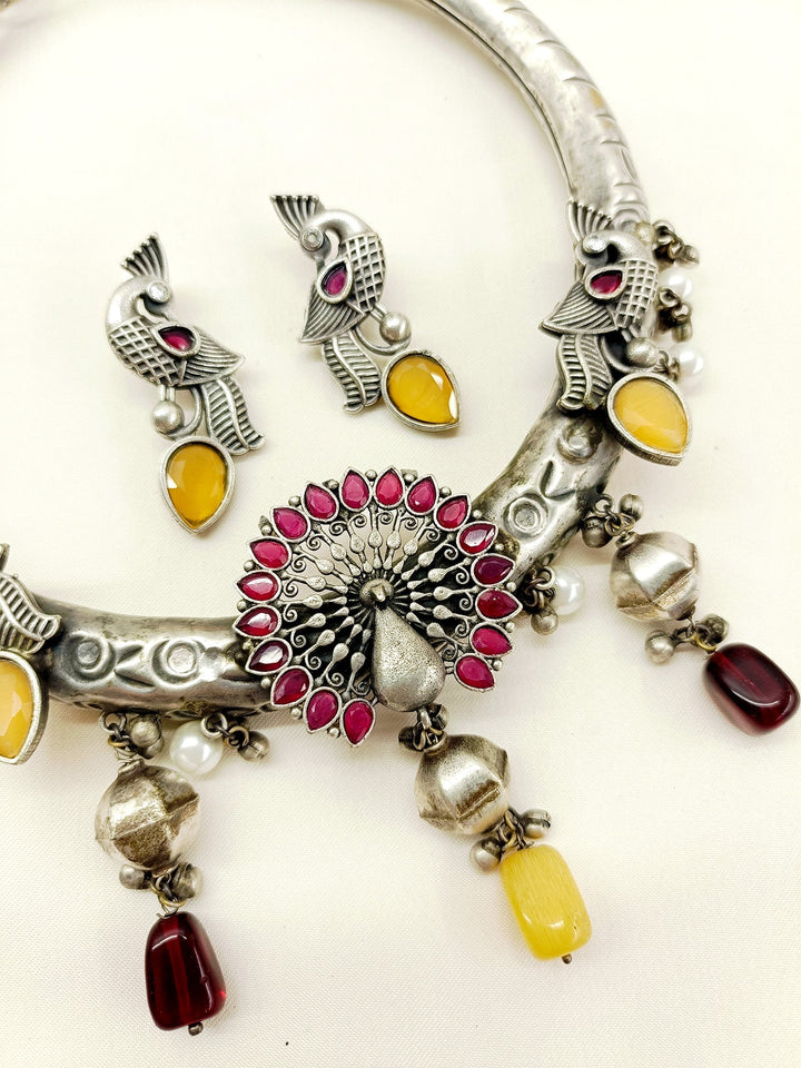 Aamiha Yellow German Silver Oxidized Hasli Set