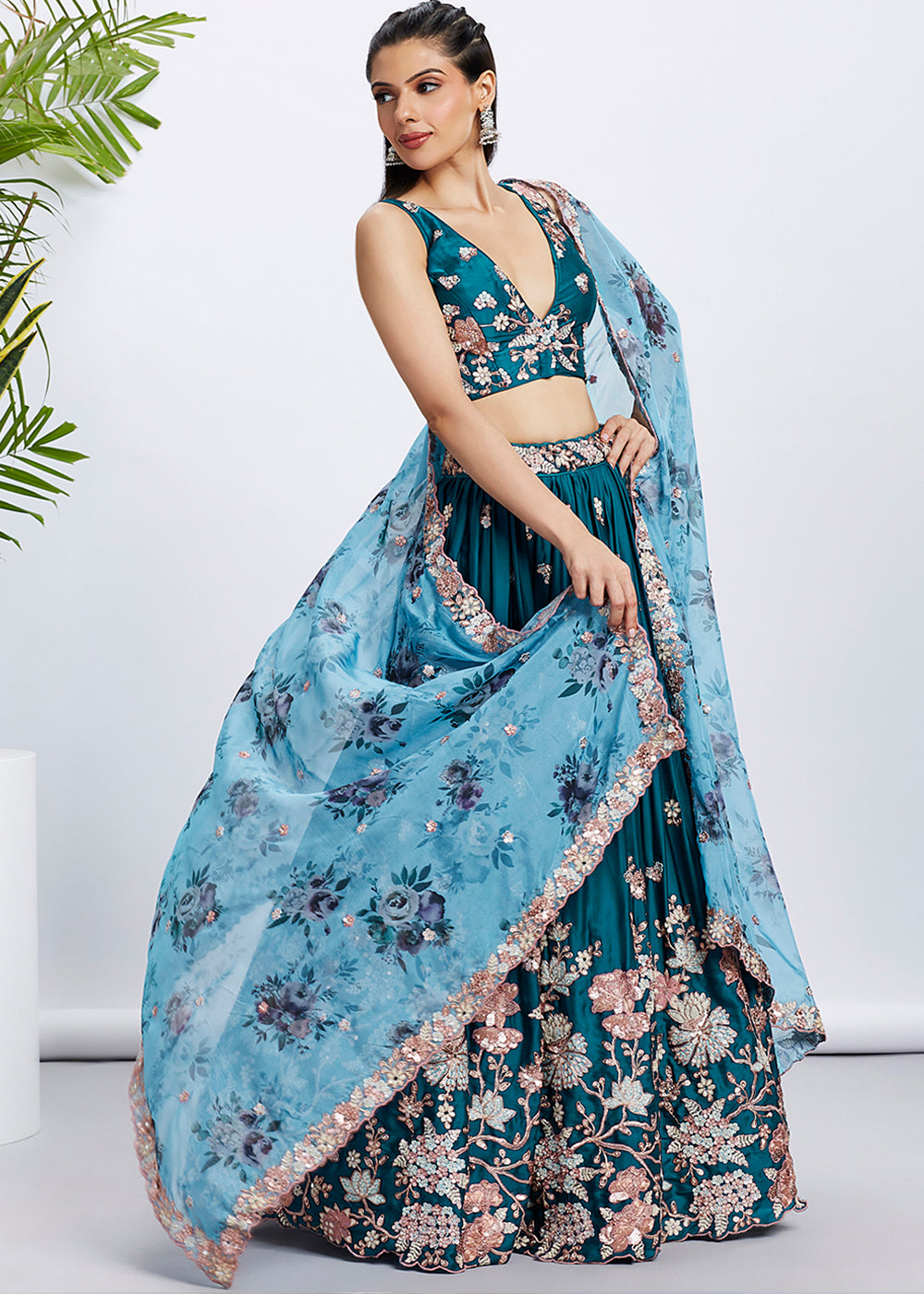 Dark Teal Blue Georgette Lehenga Choli Highlighted with Sequins & Thread Embroidery