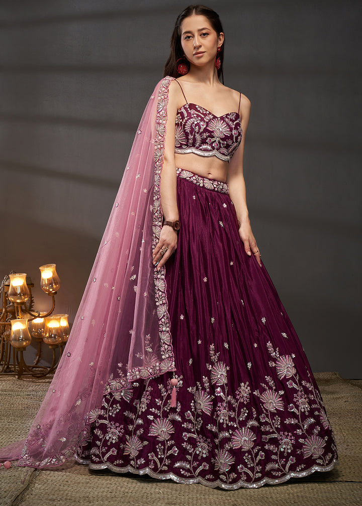 Claret Purple Chiffon Lehenga Choli Adorned with Sequins Embroidery