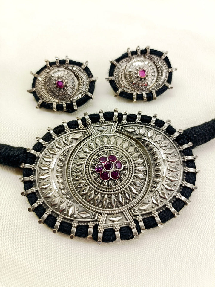 Yogita Ruby Oxidized Choker Set - Silver Plating Necklace