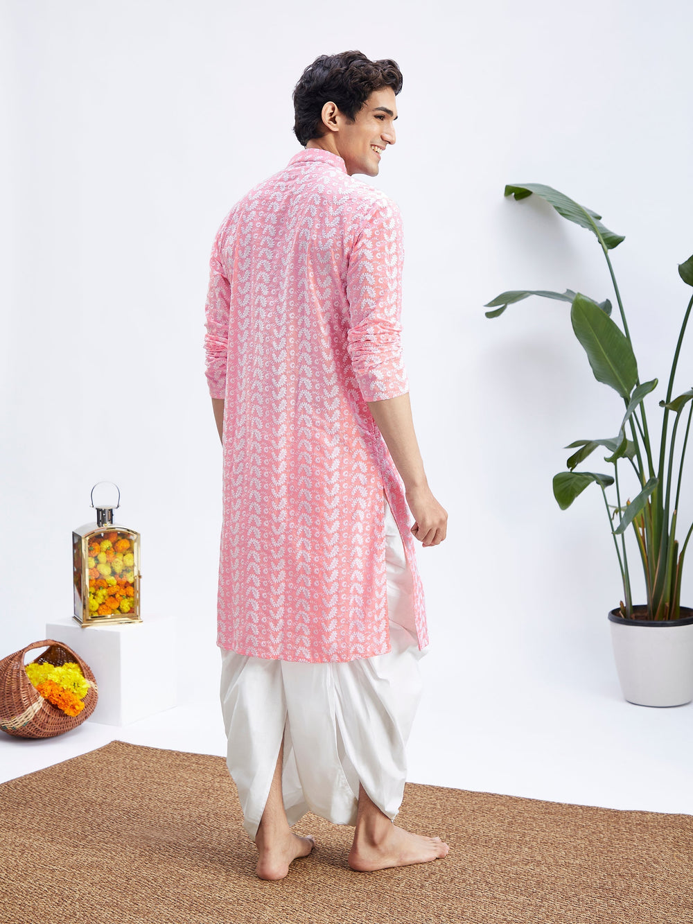 Sarvati Men's Pink Pure Cotton Chikankari Kurta With Dhoti set