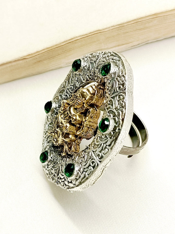 Lavika Green Ganesh Ji Oxidized Finger Ring