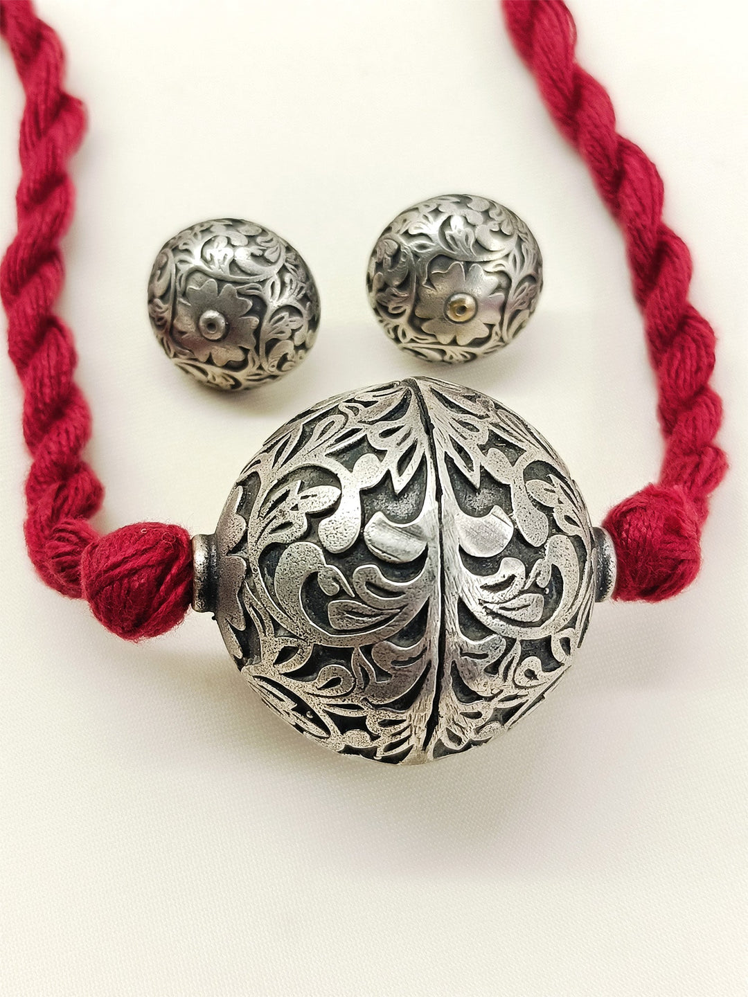 Idhika Maroon Oxidized Pendant Set With Ring