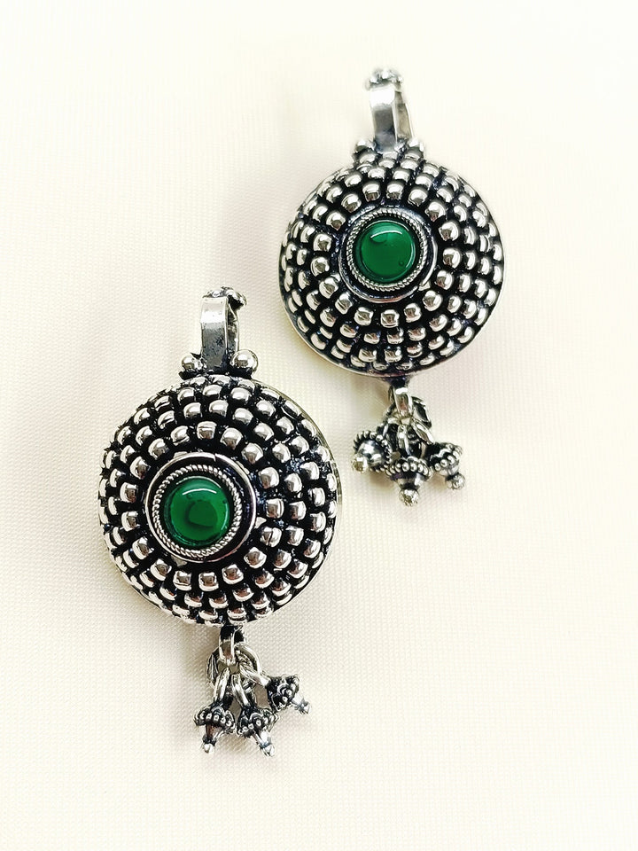 Gypsy Oxidized Tribal Sunburst Ear Cuff with Green Stone & Ghungroo