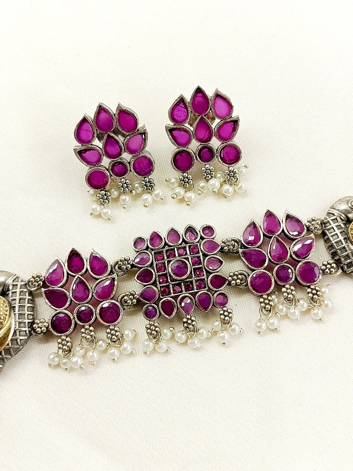 Catherin Ruby Peacock Oxidized Choker Set