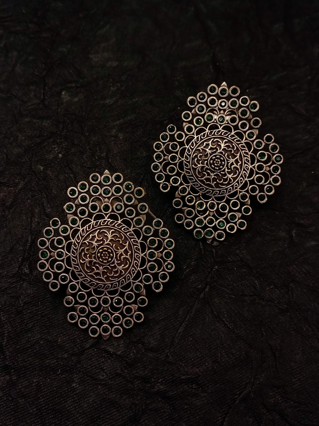 Mehru Big Oxidised Stud Earrings In Green