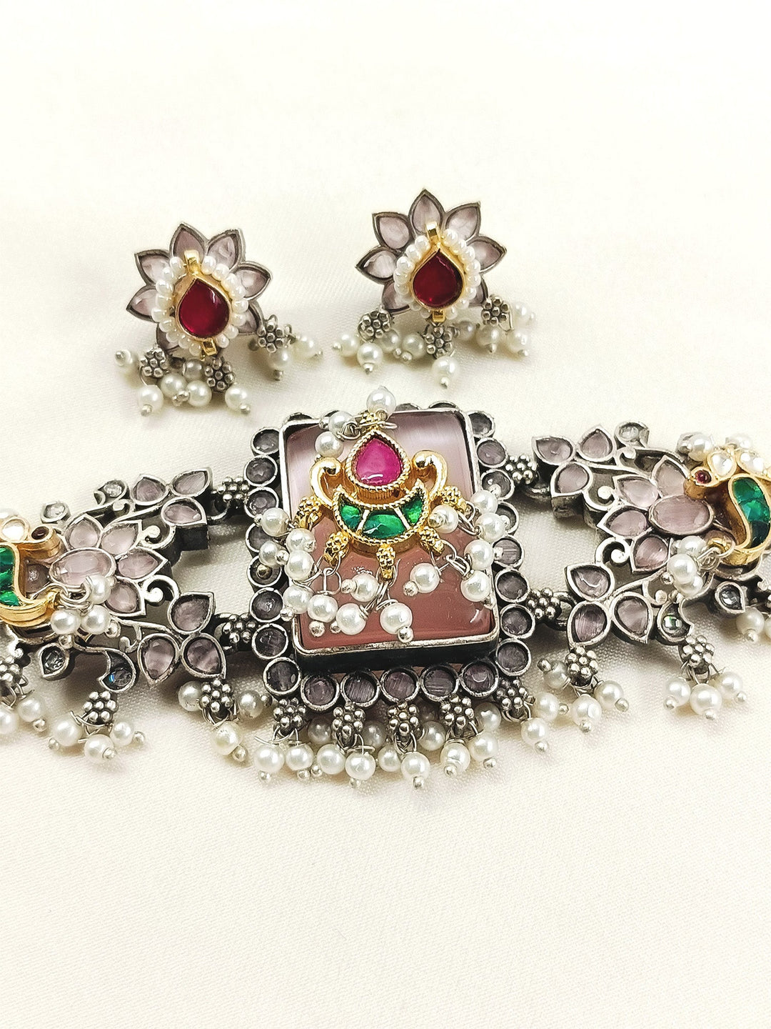 Celia Baby Pink Oxidized Choker Set