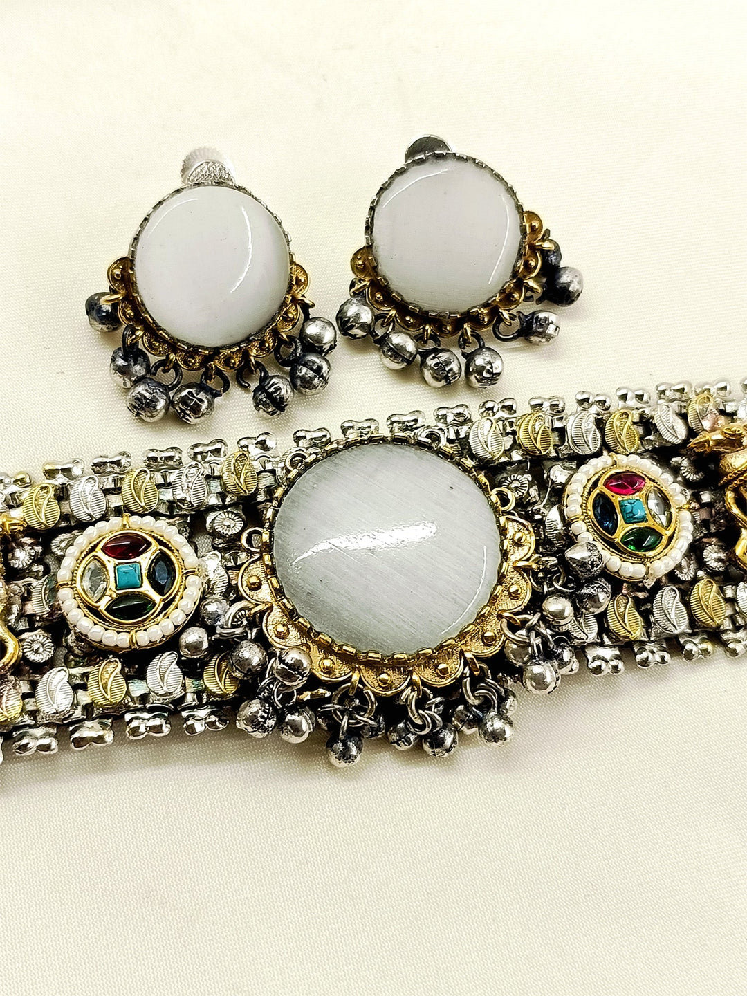 Rinkal Multi Colour Oxidized Choker Set - Silver Gold