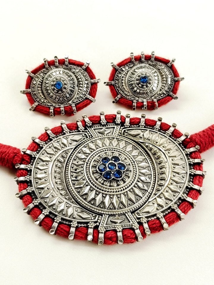 Laila Blue Oxidized Choker Set - Silver Necklace