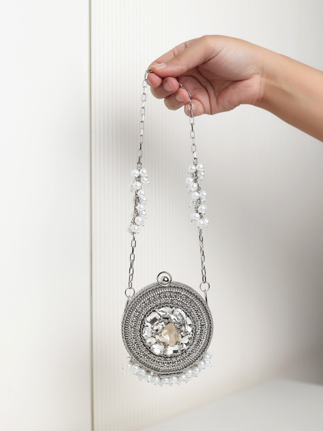 Imaya Round Silver Mini Metal Clutch