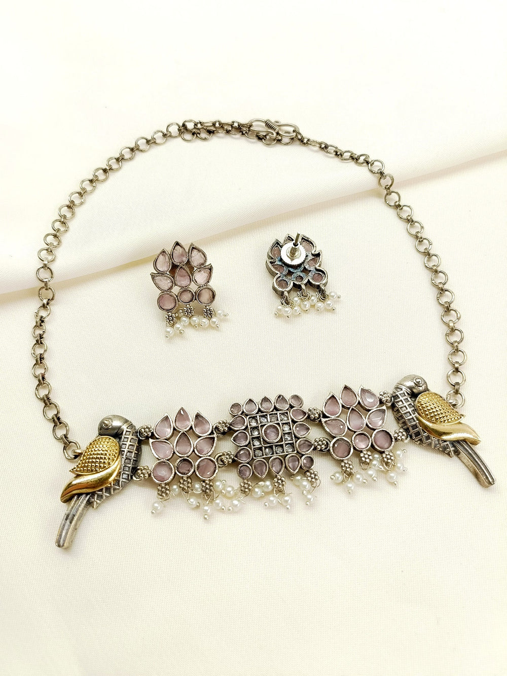 Rish Baby Pink Peacock Oxidized Choker Set