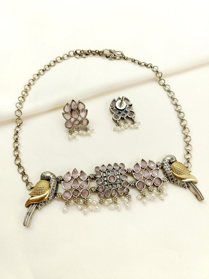 Rish Baby Pink Peacock Oxidized Choker Set