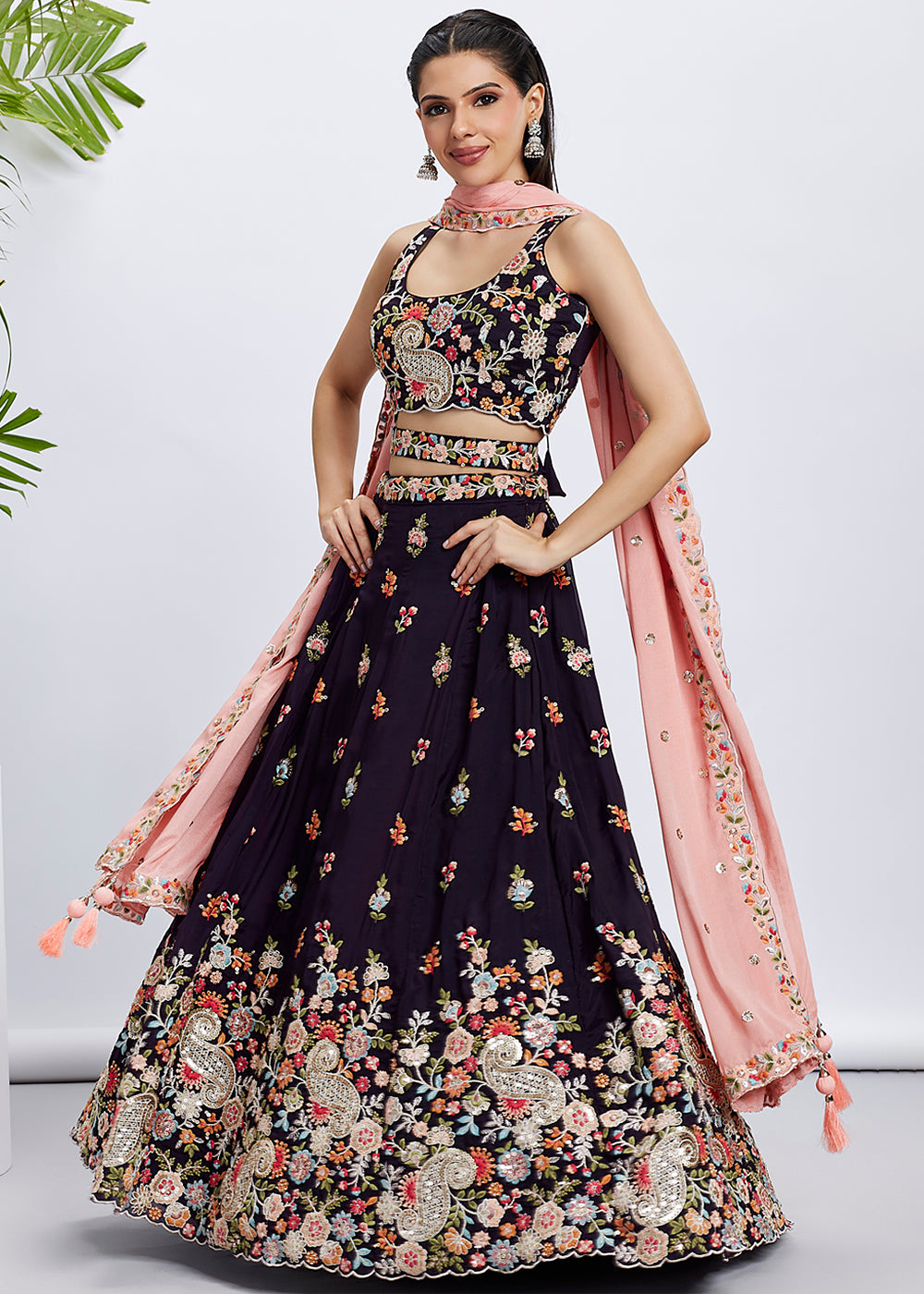 Raisin Purple Georgette Lehenga Choli Adorned with Sequins & Thread Embroidery