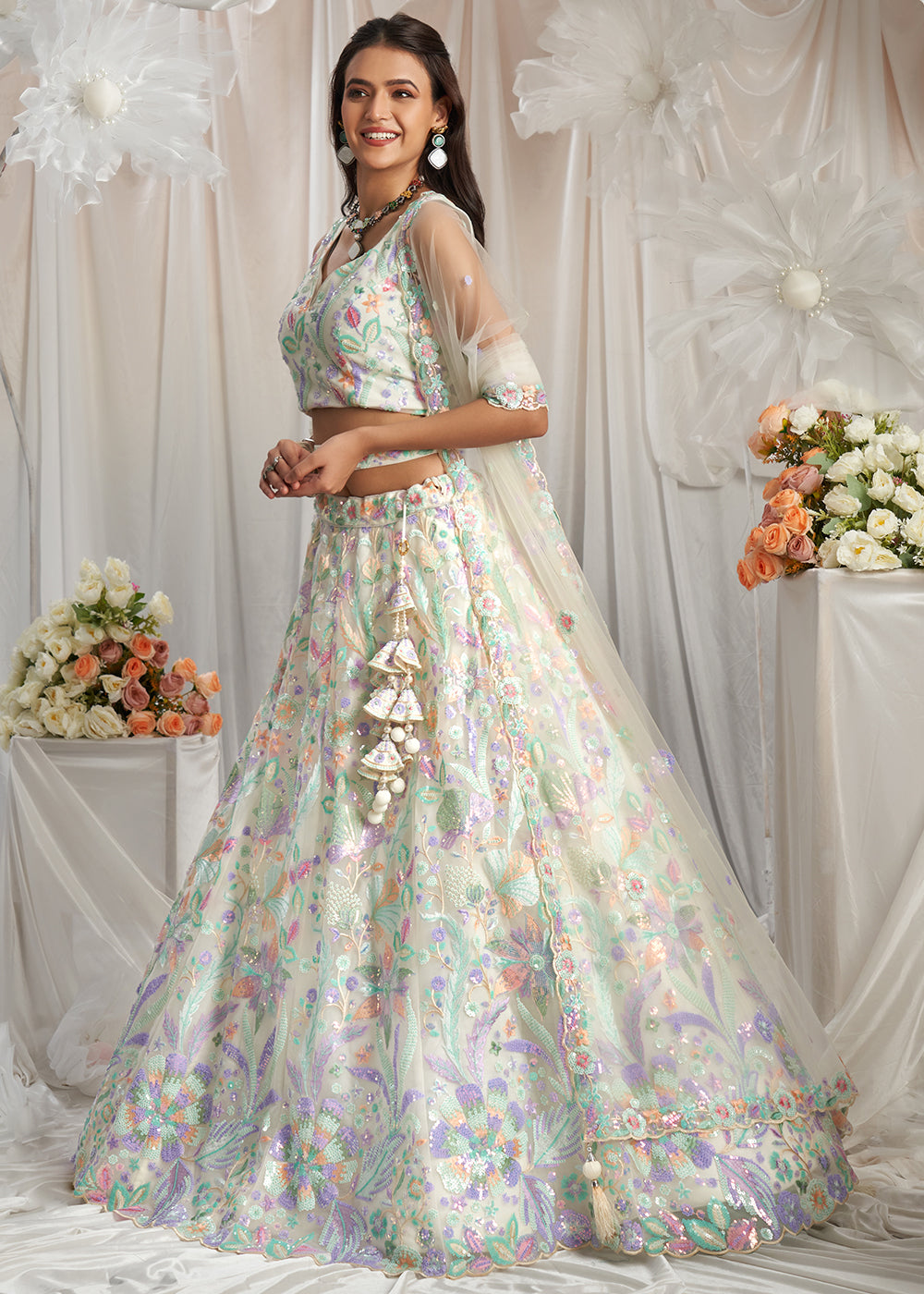 Pearl White Net Lehenga Choli Adorned with Sequins Embroidery Work