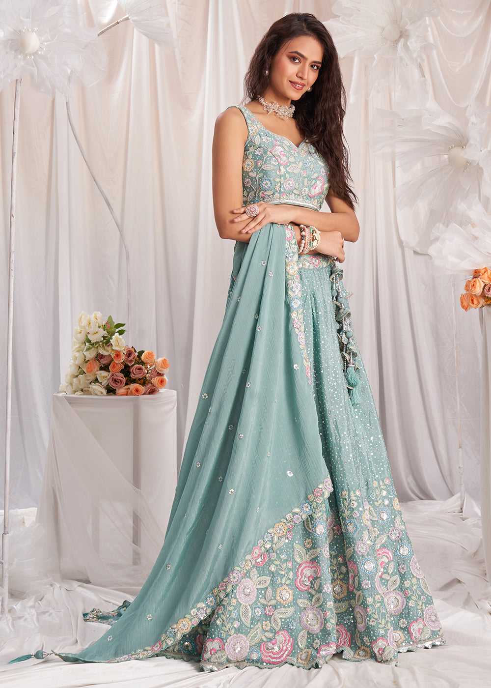 Light Sea Green Chiffon Lehenga Choli Adorned with Sequins & Thread Embroidery