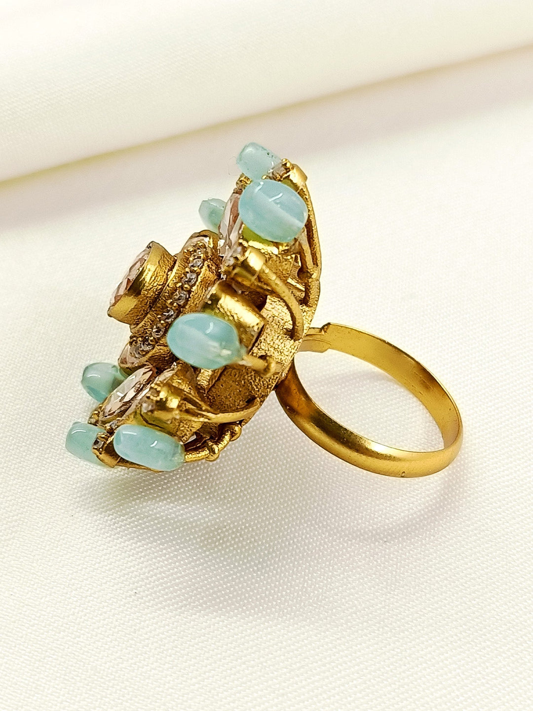 Urvashi Mint Green Kundan Finger Ring - Antique Gold Plating