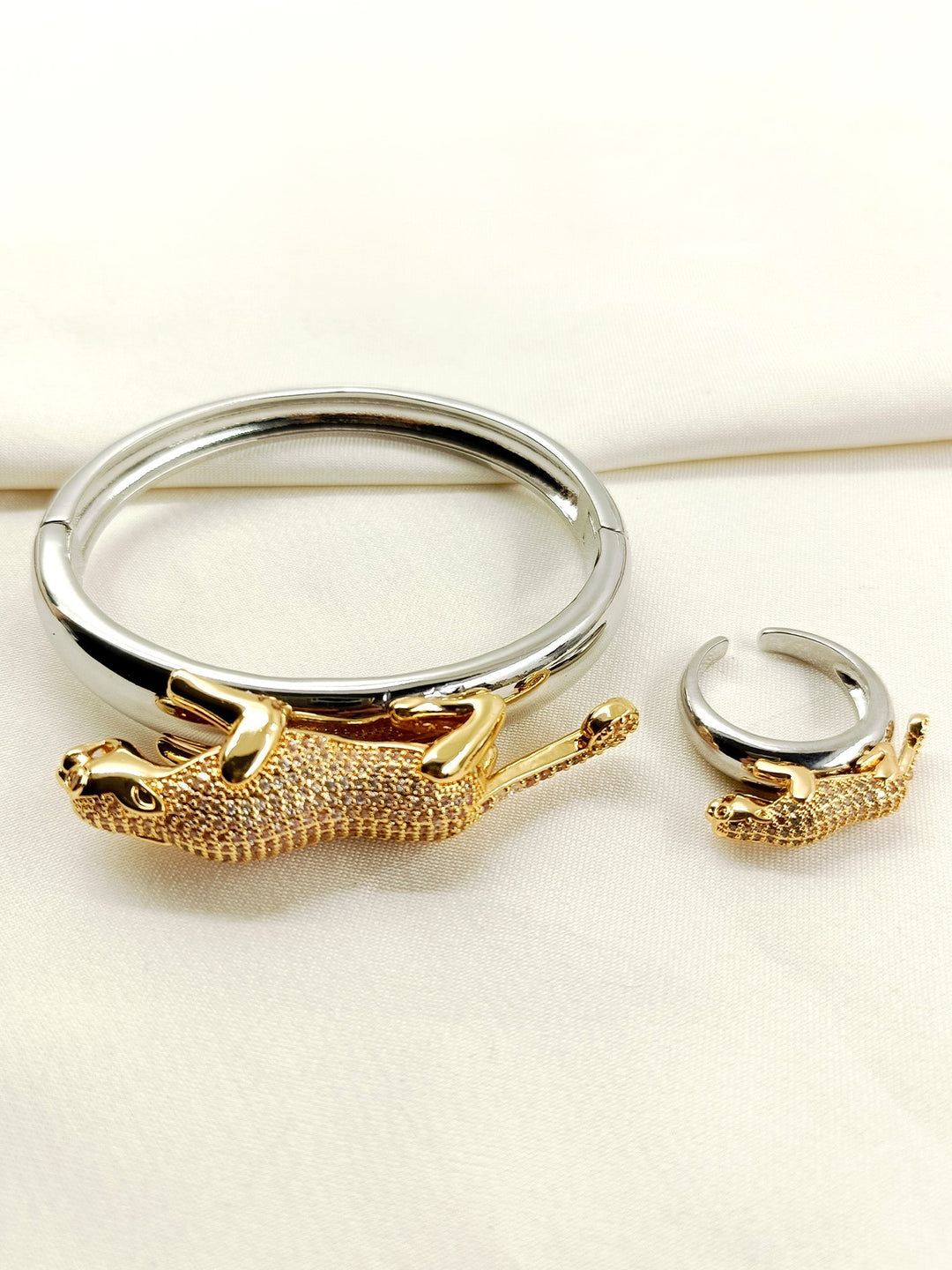 Akshat Silver Men’s Jaguar Bracelet &amp; Ring Combo - Dual Tone