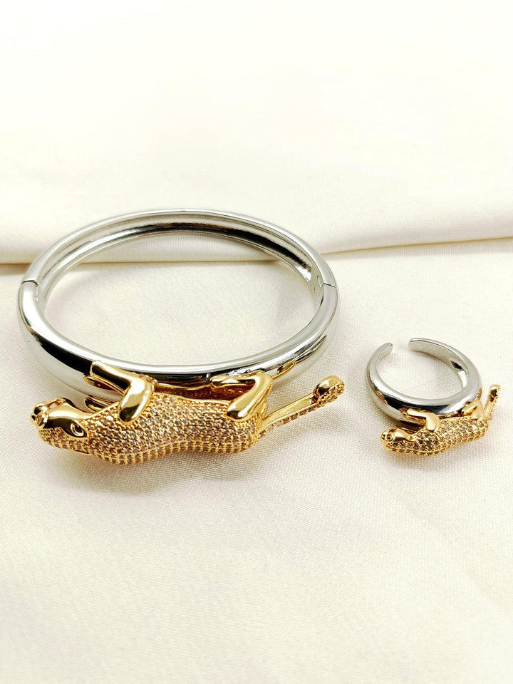 Akshat Silver Men’s Jaguar Bracelet &amp; Ring Combo - Dual Tone