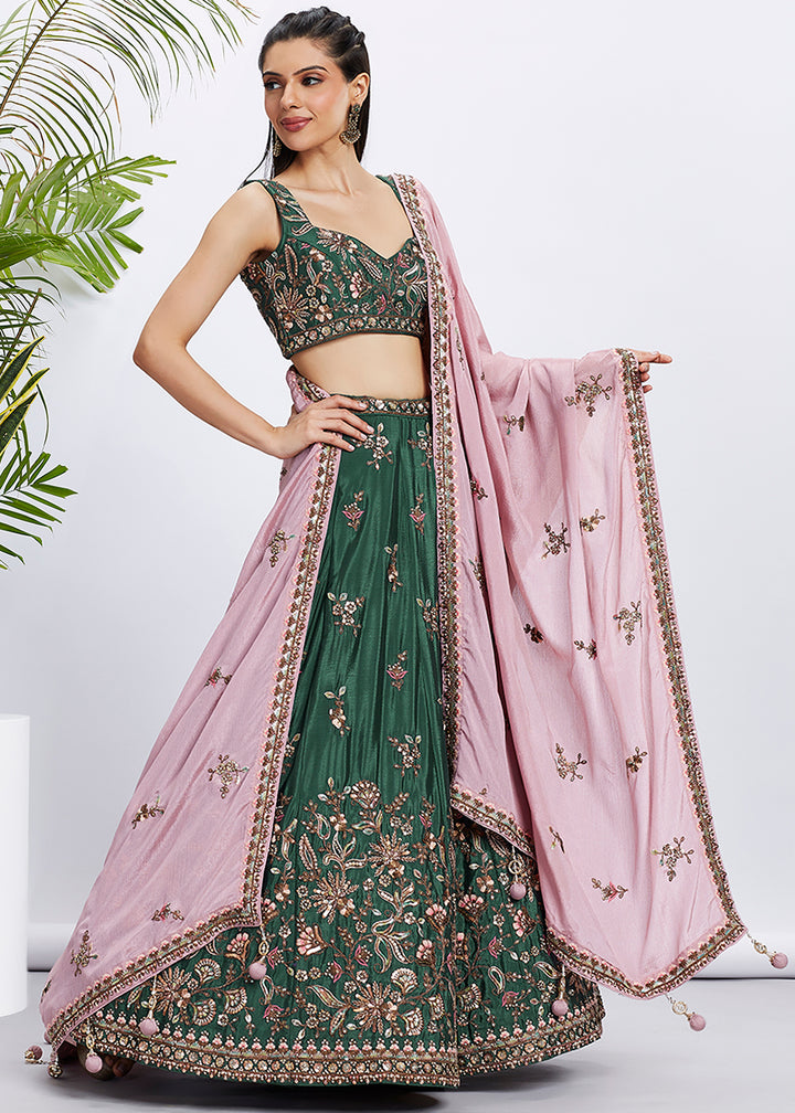 Dark Green Chiffon Lehenga Choli Adorned with Sequins & Thread Embroidery